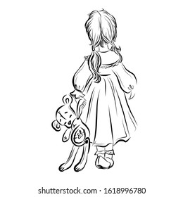 Girl holding a bear soft toy. Coloring page. Black and white silhouette. 