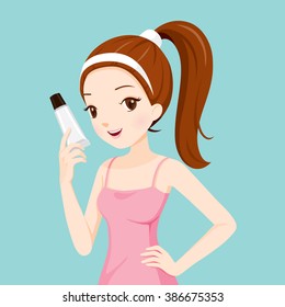 Girl Holding Beauty Packaging, Facial, Treatment, Skin, Cosmetic, Makeup, Healthy, Lifestyle