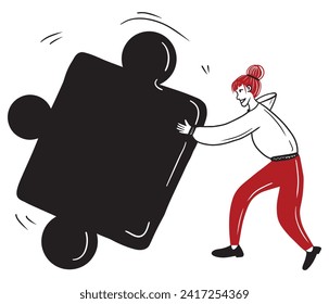 Girl is holding big black jigsaw puzzle and try to replace it. Beautiful hand drawn vector doodle woman in red pants and hoody. Concept of problem solution, team building, psychology therapy