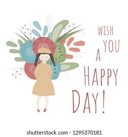A girl is holding a big bouquet of colorful spring flowers. Vector illustration in white, res, blue, yellow and green colors  with Wish you a Happy Day! phrase! Perfect for greeting cards, posters.