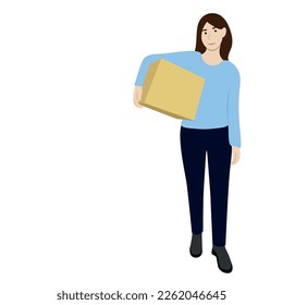 Girl holding a big box with one hand under her arm, flat vector, isolate on white, delivery, moving