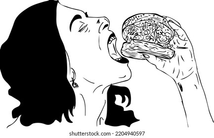 Girl holding big burger in hand cartoon vector illustration, Sketch drawing of Young woman eating Burger, Fast food holding in hand silhouette clip art