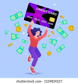 Girl holding a big credit card above her head and have money all around. Woman shop on computer. people use online shopping services. Smartphone marketing and e-commerce. delivery service concept.