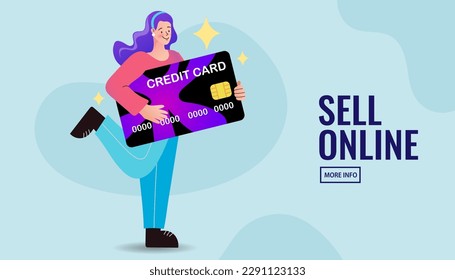 Girl holding big credit card. Woman shop on computer. people use online shopping services. Smartphone marketing and e-commerce. delivery service concept. Vector Illustrations.