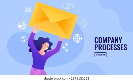 Girl holding a big envelope. Email message sending and receiving concept. Newsletter subscription, notification. Woman delivering mail. Business communication. internet and technology. vector