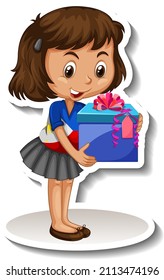 A girl holding a big gift box cartoon character illustration