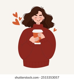 Muchacha que sostiene un vaso grande de café caliente o té en sus manos, muchacha acogedora del otoño calurosamente vestida,
Sonreír o disfrutar