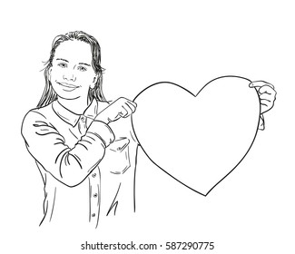 Girl holding big heart, Hand drawn llustration, Vector sketch