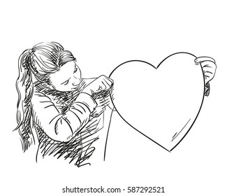 Girl holding big heart, Hand drawn illustration, Vector sketch
