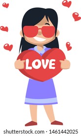 Girl holding big heart, illustration, vector on white background.