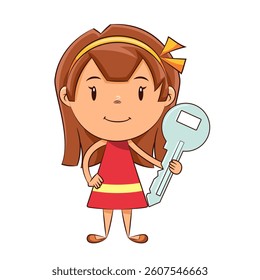 Girl holding big key, vector illustration