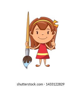 Girl holding big paintbrush, cute kid thumbs up