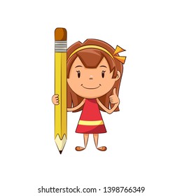 Girl holding big pencil, cute kid thumbs up