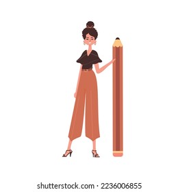 The girl is holding a big pencil. Modern style character.