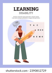 Girl holding big pencil and trying to write words. Learning disability, dysgraphia and dyslexia poster with space for text. Young woman has trouble with writing. Vector illustration design for web