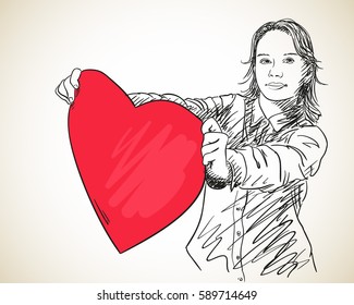 Girl holding big red heart, Hand drawn illustration, Vector sketch