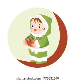 Girl holding big ribbon bow wrapped gift box in front of her in arms. Round icon. Vector illustration.