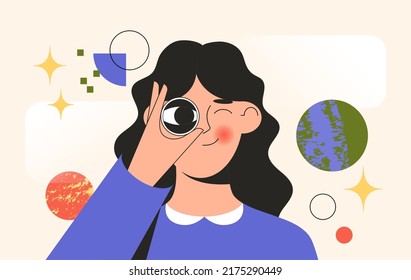 Girl holding binoculars. Concept of search, research or strategy for business. The eyes look forward through the lens. Vector illustration for web or user interface.