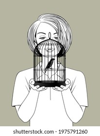 Girl holding a birdcage with a black bird inside. Vintage engraving black and white stylized drawing. Vector illustration