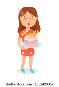 Girl Holding Birthday Cake on Plate Blowing out Candles Poster Vector Illustration. Teenager Celebrating her Holiday with Sweet Dessert. Cake with Macaroons, Waffle-cone, Glaze, Dragee on Top.