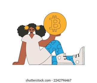 The girl is holding a bitcoin coin. Character trendy style.
