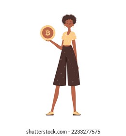 Girl holding a bitcoin coin in her hands. Character in a modern trendy style.