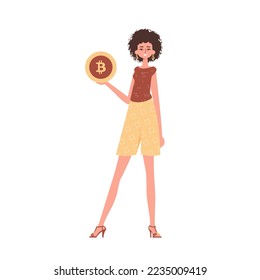 Girl holding a bitcoin coin in her hands. Character in trendy style.