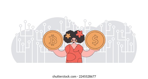 Girl is holding bitcoin and dollar. Cryptocurrency theme.