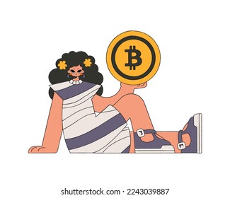 The girl is holding bitcoin in her hands. Character trendy style.