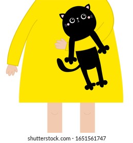 Girl holding black cat kitten. Cute cartoon kawaii funny baby chatacter. Hanging body paw print, tail. Black animal. Adopt me. Pet collection. Flat design. White background. Isolated. Vector