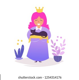 Girl holding black cat Vector. Cartoon. Isolated art on white background. Flat