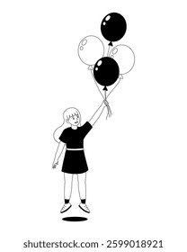 Girl holding black and white balloons in a playful and simple illustration
