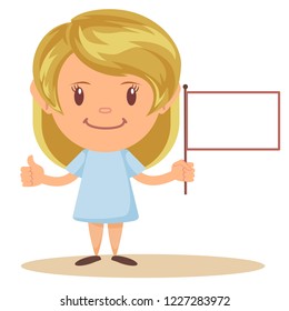 Girl holding blank flag. Stock flat vector illustration.