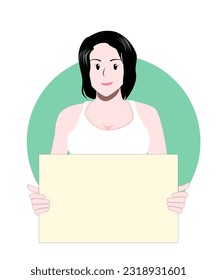 Girl holding blank paper for presentation. A female was holding an empty banner. People holding placard. Happy female with an empty placard. Girl was smile.