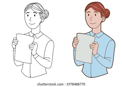 Girl Holding Blank Piece Of Paper. Vector Illustration For Cards, Posters, Stickers, Prints. Coloring Page With Color Option.