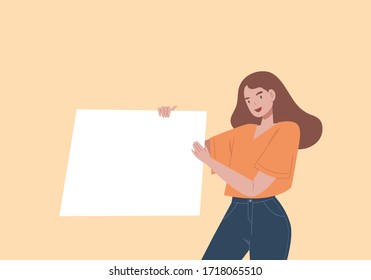 Girl holding blank placard. Flat vector illustration of promotion advertisement, on sell or announcement concept. Happy girl character with empty poster in hands with place for text.