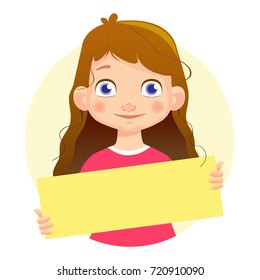 Girl holding blank poster. Blank message vector illustration. Hands holding blank paper