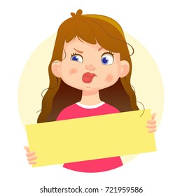 Girl holding blank poster. Blank message vector illustration. Hands holding blank paper