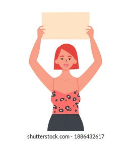 Girl holding a blank poster with place for text. A young woman holds a bullet leaf in her hands. Teenage girl shows a poster. Hand drawn style vector trendy illustration.