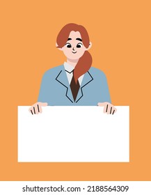 Niña sosteniendo un afiche en blanco con un lugar para el texto. Una joven sostiene una hoja de bala en sus manos. Adolescente muestra un afiche. Ilustración de moda vectorial de estilo dibujado a mano.
