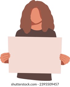 Girl holding a blank poster with place for text. A young woman holds a bullet leaf in her hands. Teenage girl shows a poster. Hand drawn style vector trendy illustration.