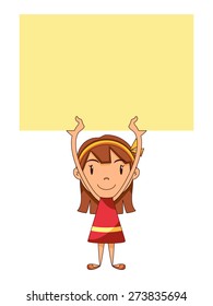 Girl Holding Blank Sign, Empty Yellow Note, Vector Illustration