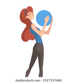 Girl Holding Blue Ball, Young Woman Organizing Circular Abstract Geometric Shape Vector Illustration