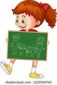 A girl holding board with a doodle sketch design on white background illustration