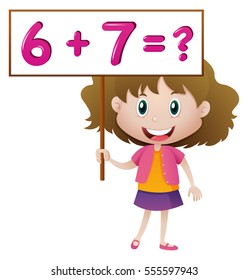 Girl holding board with math problem illustration