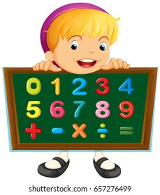 Girl holding board with numbers illustration