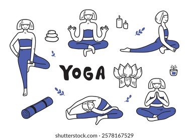 Girl holding body balance practicing yoga poses training mindfulness and tranquility spiritual state vector illustration. Zen-like meditation, gymnastics, harmony exercise for wellbeing and healthcare