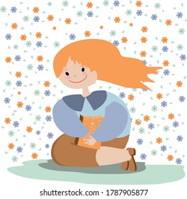 The girl is holding a book. Background of flowers. Print for children. Icon for advertising.