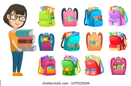 Girl holding book, backpack set, school club. Pupil with literature, pen and notebook, tassel and paints in bag, educational symbol, accessory vector. Back to school concept. Flat cartoon