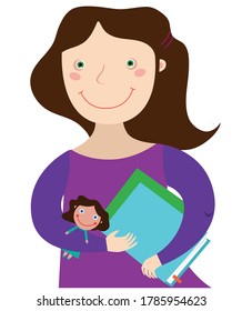 Girl holding a book and a doll on a white background